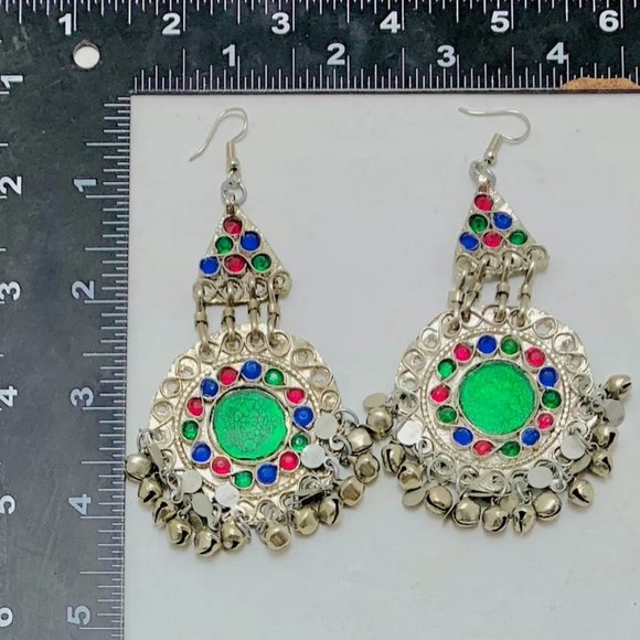Afghan Kuchi Dangle Earrings: Silver Bells, Glass Stones, Boho Jewelry - Picture 6 of 7